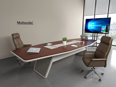 Modern Wooden Conference Table With White Legs Brown Office Chairs Laptop And Green Plant 3d model