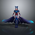 Fantasy Game Movie Character With Blue Red Armor Fox Ears And Flowing Blue Cape