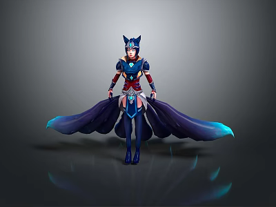 Fantasy Game Movie Character With Blue Red Armor Fox Ears And Flowing Blue Cape 3d model