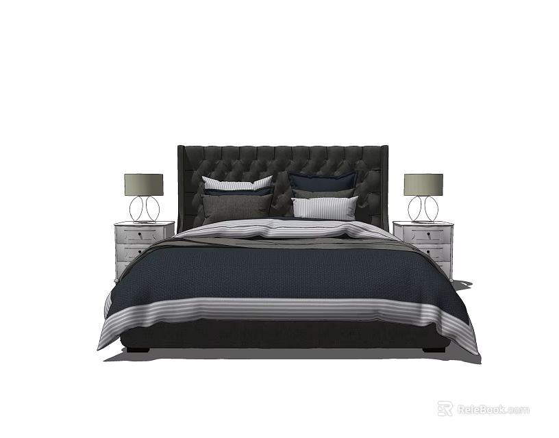Modern Double Bed With Upholstered Headboard Pillows Nightstands And Table Lamps 3d model
