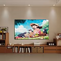 Wooden TV Stand With Large Screen TV Displaying Animated Scene And Bookshelves With Decor Items