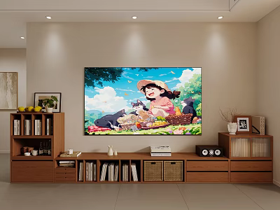 Wooden TV Stand With Large Screen TV Displaying Animated Scene And Bookshelves With Decor Items 3d model