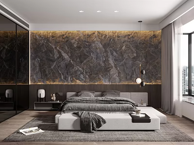 Modern Bedroom Interior With Textured Wall Platform Bed Nightstands And Pendant Lighting 3d model