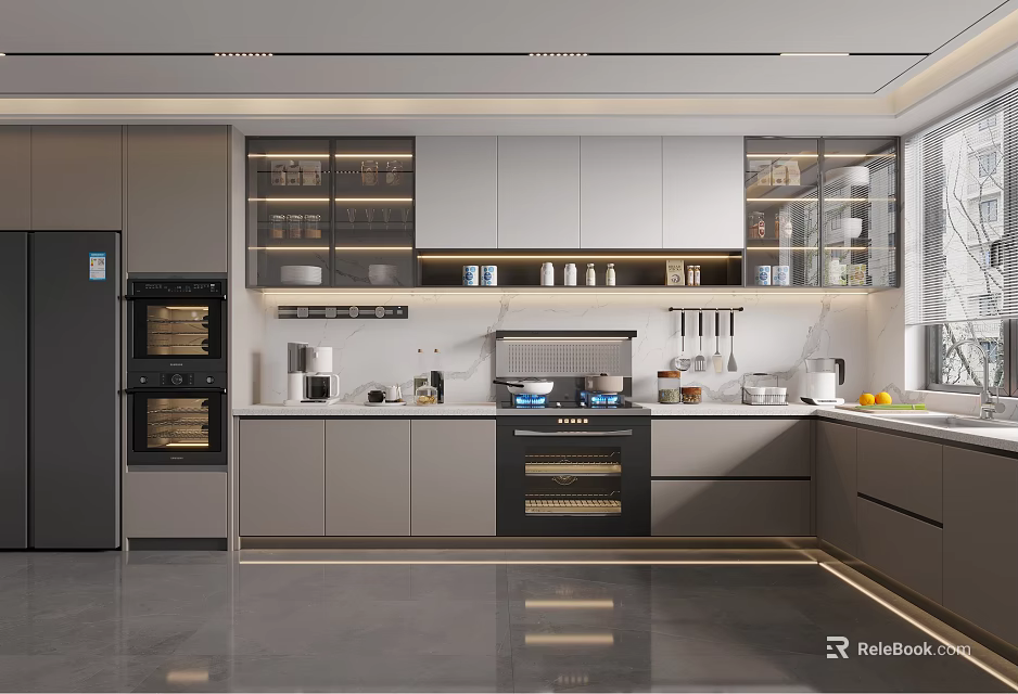 Modern Kitchen Interior With Gray Cabinets Glass Door Storage And Stainless Appliances 3d model 