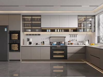 Modern Kitchen Interior With Gray Cabinets Glass Door Storage And Stainless Appliances 3d model