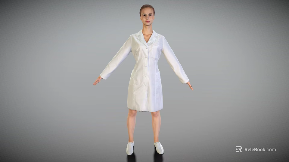 Woman Standing with Arms Outstretched in White Long Coat and White Shoes on Gray Background 3d model 