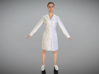 Woman Standing with Arms Outstretched in White Long Coat and White Shoes on Gray Background 3d model