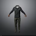 3D Character Model Wearing Dark Jacket Green Pants With Red Hands On Gray Background