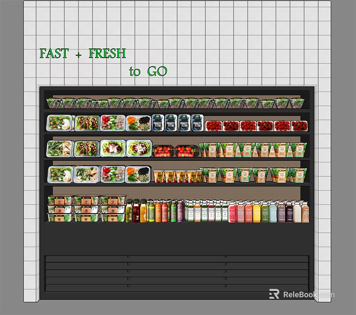 Fast Fresh To Go Display Shelf With Assorted Packaged Foods Vegetables And Beverages 3d model 