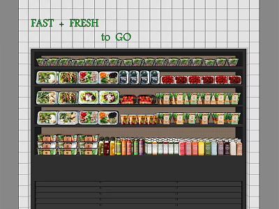 Fast Fresh To Go Display Shelf With Assorted Packaged Foods Vegetables And Beverages 3d model