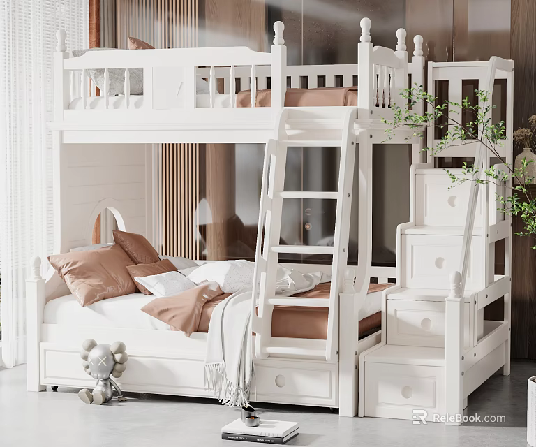 White Wooden Bunk Bed With Ladder Drawers And Soft Pillows In Bedroom 3d model 