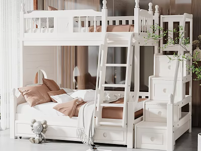 White Wooden Bunk Bed With Ladder Drawers And Soft Pillows In Bedroom 3d model