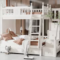 White Wooden Bunk Bed With Ladder Drawers And Soft Pillows In Bedroom