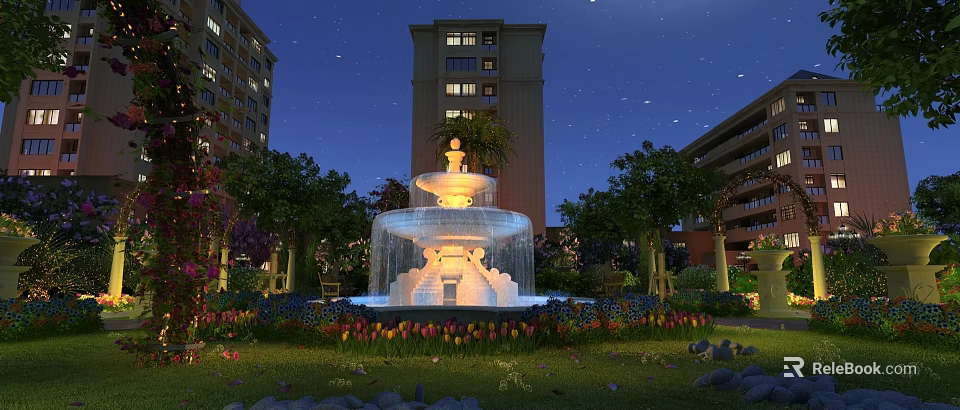 Illuminated Water Fountain In Night Garden With Tulips Trees And High Rise Buildings 3d model 