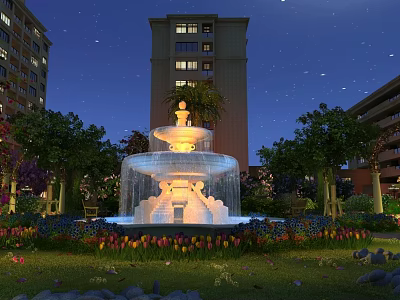 Illuminated Water Fountain In Night Garden With Tulips Trees And High Rise Buildings 3d model
