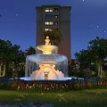 Illuminated Water Fountain In Night Garden With Tulips Trees And High Rise Buildings