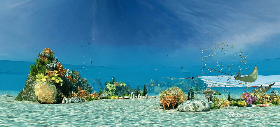 Stunning Underwater Ocean Scenery With Colorful Corals Swimming Fish Sandy Seabed And Bright Sunlight 3d model 
