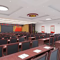 Formal Conference Room Interior With Red Flags Long Wooden Tables And Black Chairs