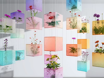 Decorative Transparent Cube Planters Hanging With Colorful Flowers And Green Plants 3d model