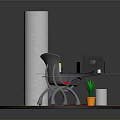 Circular Platform With Orange Floor White Cylindrical Pillar Desk Chair Green Plant And White Container