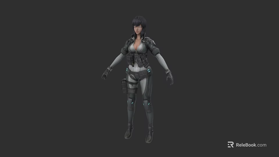 Woman In Futuristic Tech Armor With Mechanical Details Standing Against Dark Background 3d model 