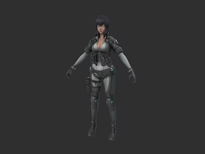 Woman In Futuristic Tech Armor With Mechanical Details Standing Against Dark Background 3d model