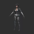 Woman In Futuristic Tech Armor With Mechanical Details Standing Against Dark Background