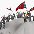 Soldiers In Gray Military Uniforms Holding Rifles Carrying Red Flags With White Stars On Hill