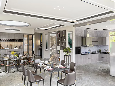 Modern Dining and Living Room Interior With Dining Table Chairs Kitchen Area And Decorative Plants 3d model