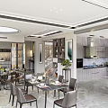 Modern Dining and Living Room Interior With Dining Table Chairs Kitchen Area And Decorative Plants