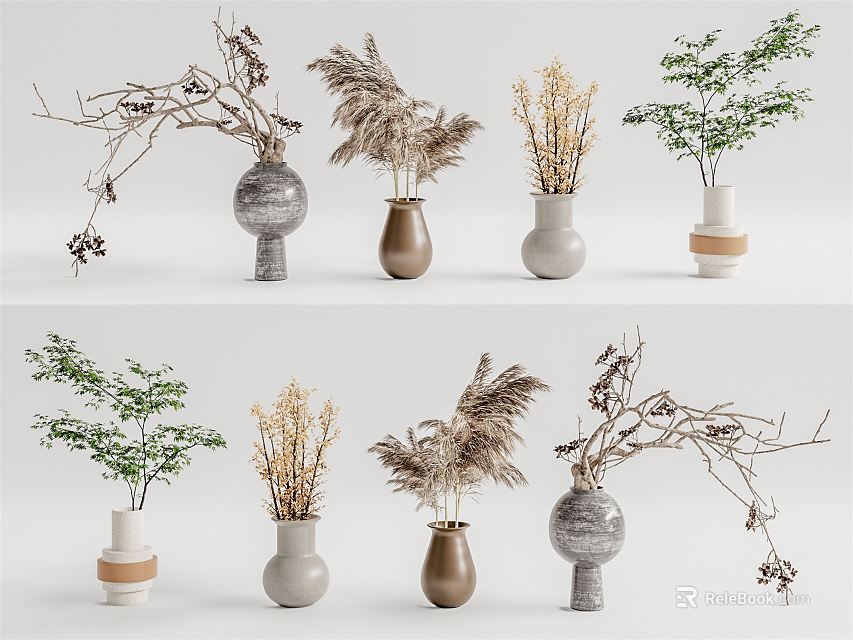 Modern Ceramic Vases With Dried Plants And Green Branches In Gray Brown White 3d model 
