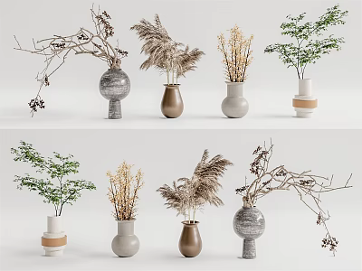 Modern Ceramic Vases With Dried Plants And Green Branches In Gray Brown White 3d model