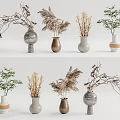 Modern Ceramic Vases With Dried Plants And Green Branches In Gray Brown White