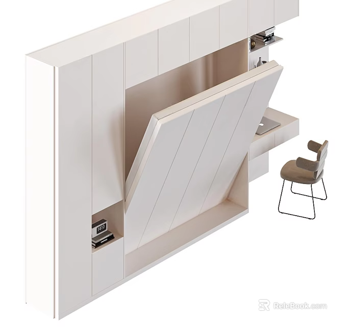 Modern White Cabinet Design with Foldable Desk and Minimalist Chair 3d model 