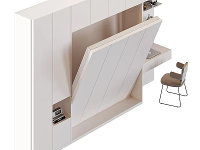 Modern White Cabinet Design with Foldable Desk and Minimalist Chair 3d model