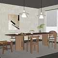 Modern Dining Room Interior With Wooden Dining Table Chairs Pendant Lights Wall Art And Plant