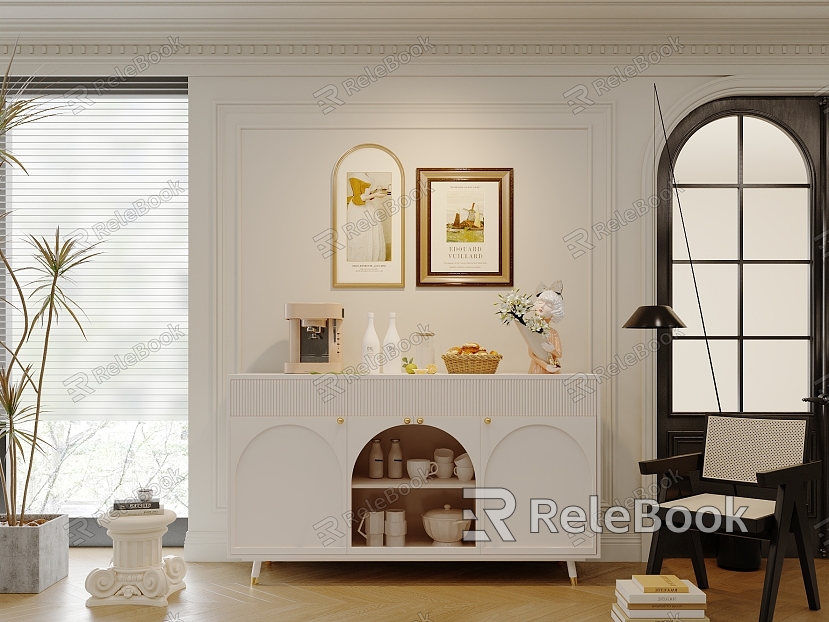 French Cream Style Entrance Cabinet Sideboard Arch Glass Door Fishing Lamp model