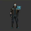 Cyberpunk Character Wearing Goggles Holding Blue Tablet In Futuristic Outfit Standing Against Neutral Gray Background