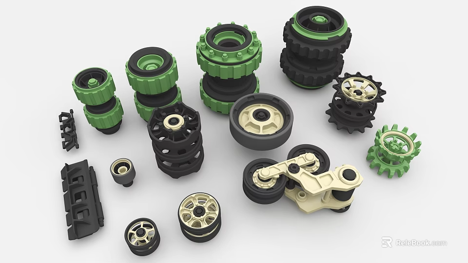 Industrial Equipment Parts Including Wheels Gears Track Components With Various Sizes Shapes And Colors 3d model 
