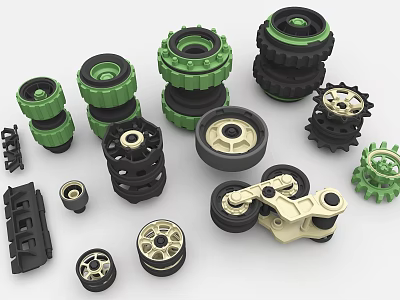 Industrial Equipment Parts Including Wheels Gears Track Components With Various Sizes Shapes And Colors 3d model