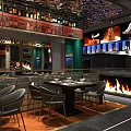 Modern Restaurant Interior Featuring Green Pillars Black Shiny Ceiling Central Counter And Stylish Stools