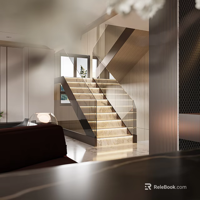 Modern Interior Staircase With Wooden Steps And Glass Railing Design 3d model 