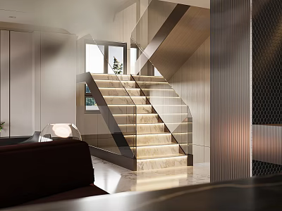 Modern Interior Staircase With Wooden Steps And Glass Railing Design 3d model