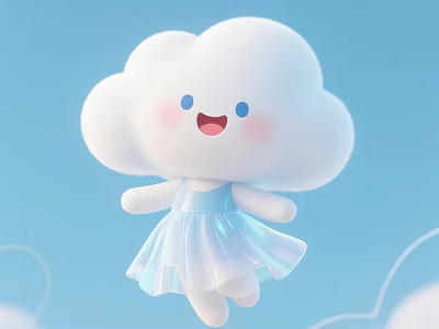 Cute Cloud Game Movie Character Wearing Blue Dress With Smiling Face Floating In Blue Sky 3d model