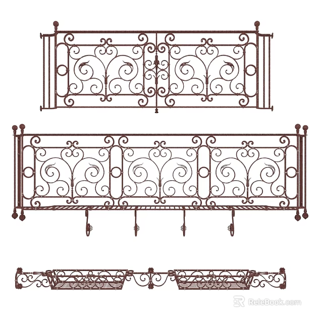 Ornate Iron Fence Design With Intricate Scroll Patterns And Hanging Decor Elements 3d model 