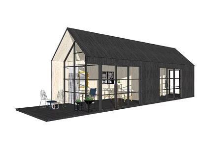 Modern Wooden House with Black Roof Large Glass Windows and Front Deck Outdoor Furniture 3d model