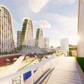 Modern Curved Office Towers With Vertical Greenery Alongside River And Pedestrian Walkway