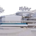 Modern Detached Villa With White Circular Roof Glass Facade Swimming Pool And Lush Greenery
