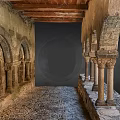 Cartoon Scene of Ancient Stone Arches with Carved Pillars and Wooden Doors in Medieval Courtyard