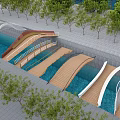 Landscape Bridge with Wooden Paths Curved White Arches over Blue Water and Green Trees